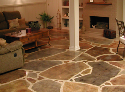 Multi-colored interior floor polished and designed to resemble real stone.